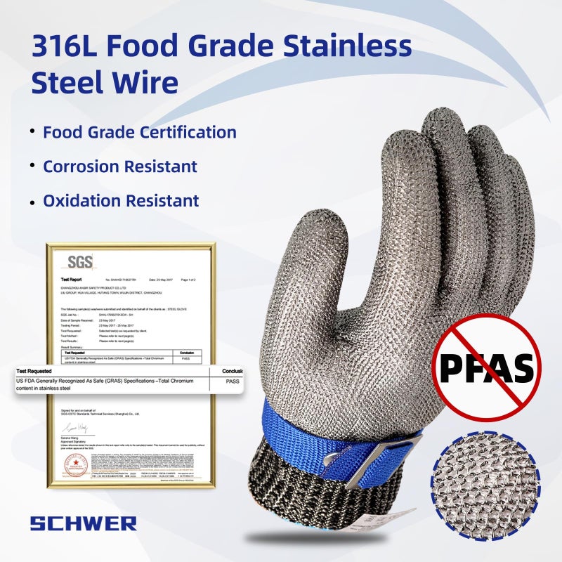 Schwer SlicePro ANSI A9 Cut Resistant Glove PR1706, Stainless Steel Mesh Metal Glove, Food Grade for Kitchen Cooking, Butcher Meat Cutting, Oyster Shucking, Mandoline, Non-PFAS (XL, 1 Pair) - Image 3